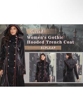 Supleap Gothic Hooded Trench Coat Jacket Black The Matrix Pirate Vampire Costume